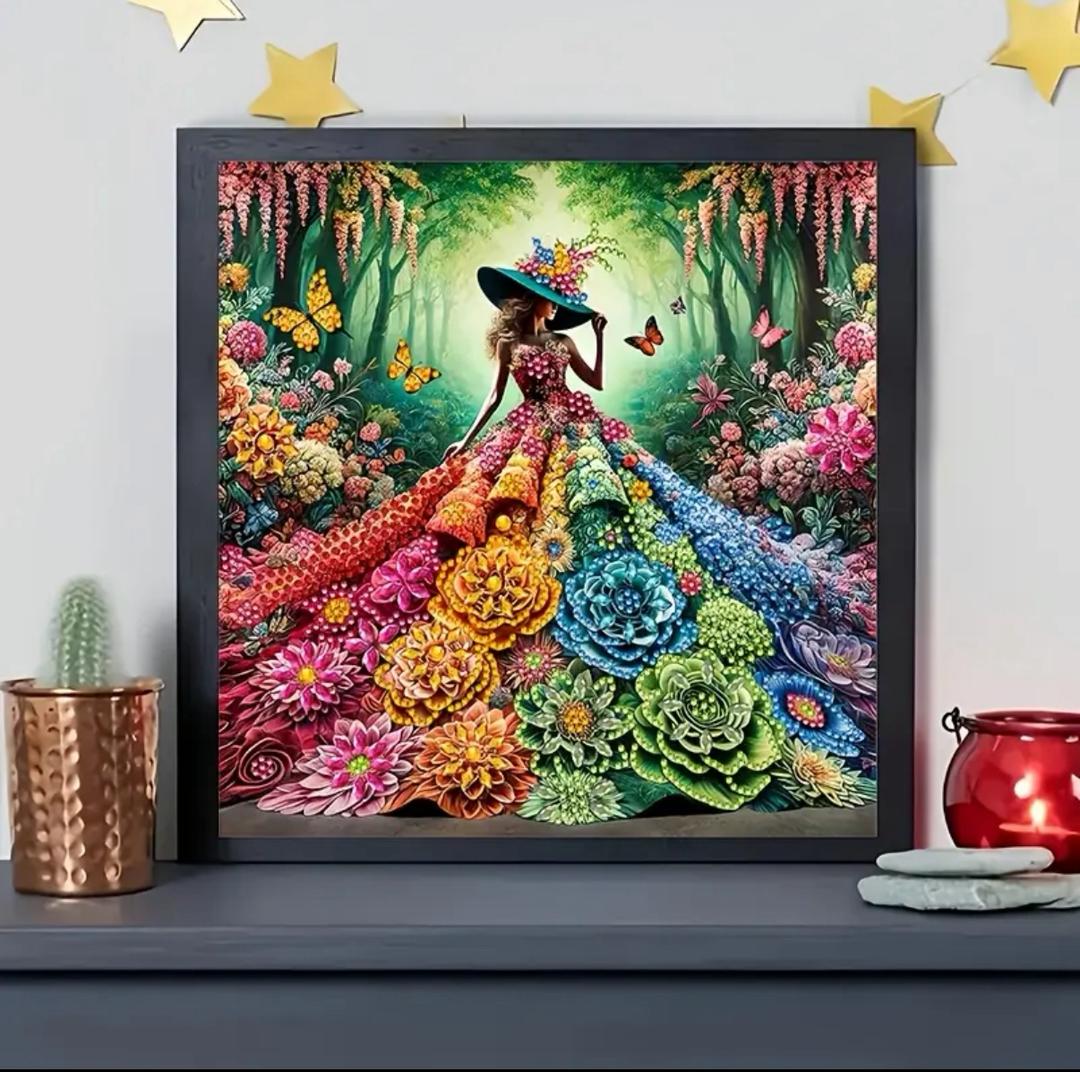 نقاشی جواهری طرح دختر دامن گلی سایز 30*30