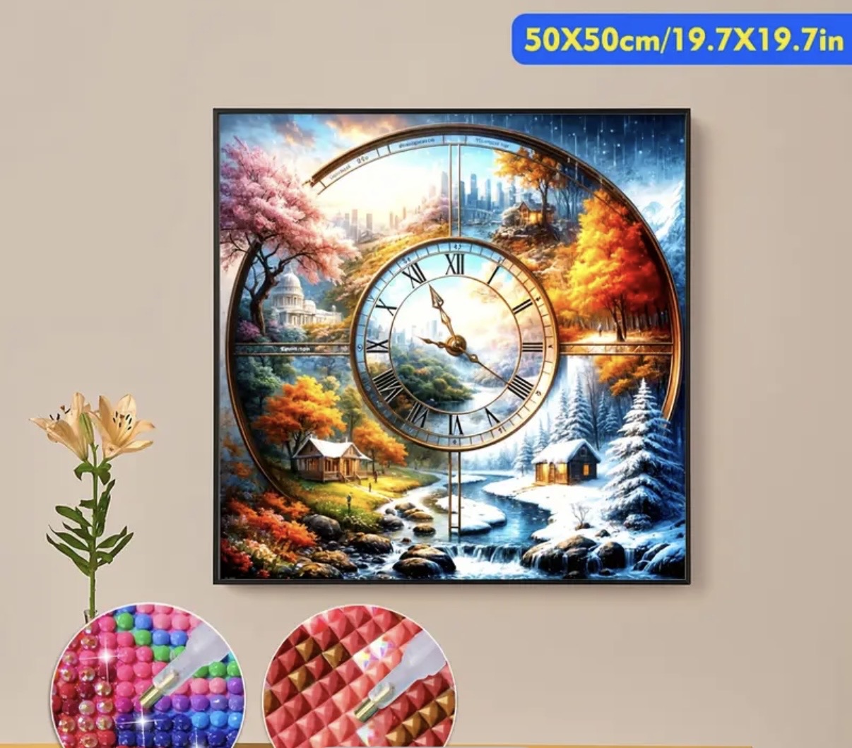 نقاشی الماسی با الماس مربع طرح ساعت فصلی سایز 40*40