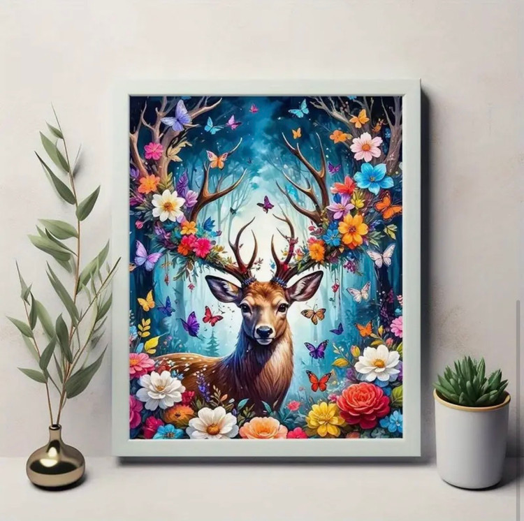 نقاشی الماسی طرح گوزن در جنگل گلها سایز 40*30