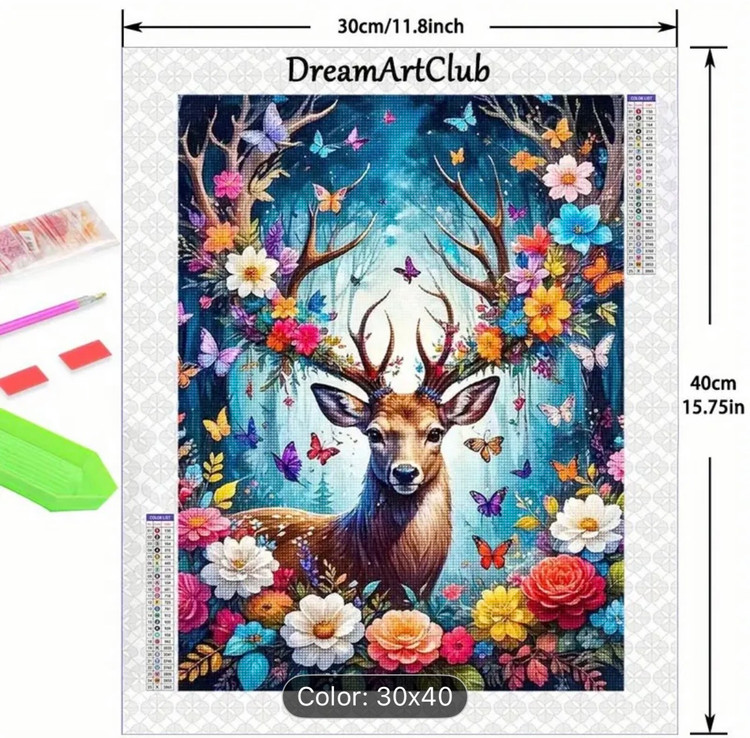 نقاشی الماسی طرح گوزن در جنگل گلها سایز 40*30
