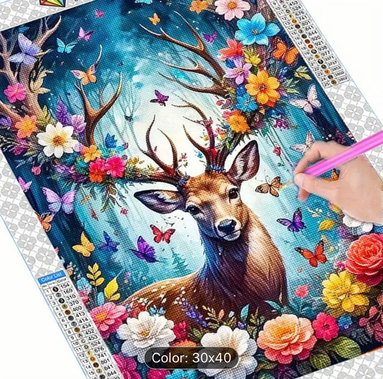 نقاشی الماسی طرح گوزن در جنگل گلها سایز 40*30