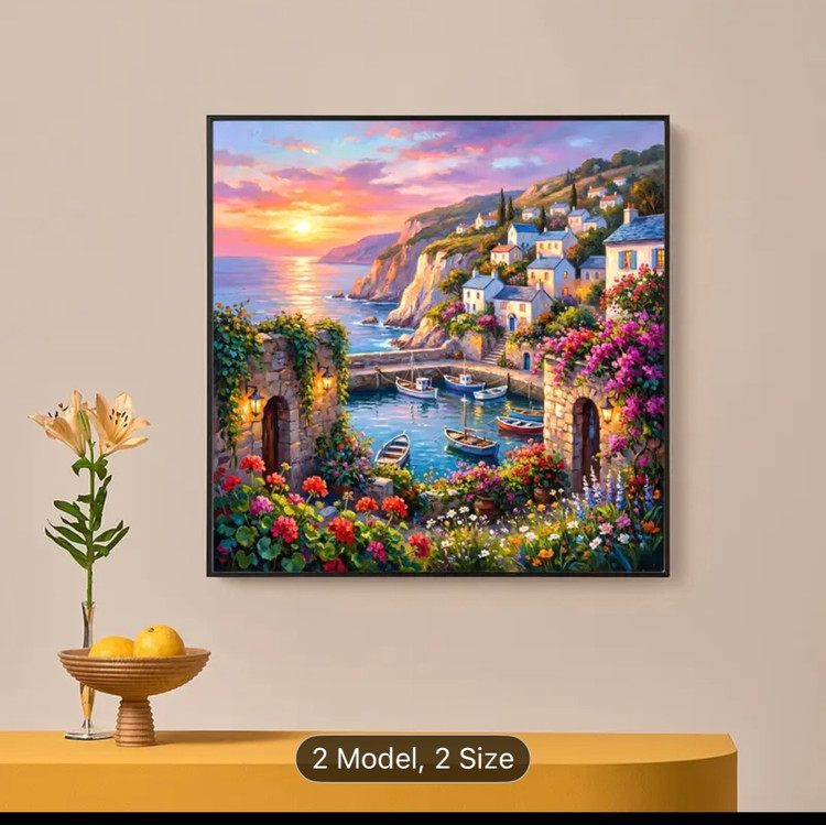 نقاشی الماسی با الماس مربع طرح منظرهی ساحلی مدیترانه سایز 40*40