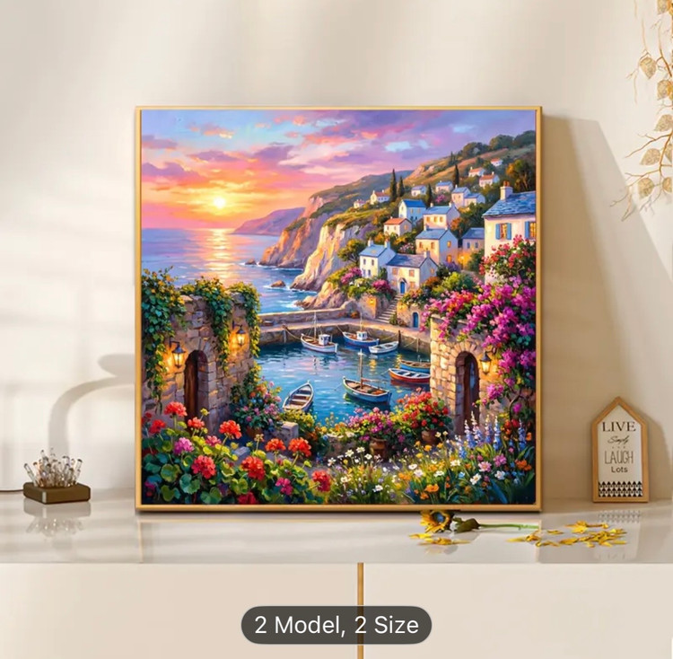 نقاشی الماسی با الماس مربع طرح منظرهی ساحلی مدیترانه سایز 40*40