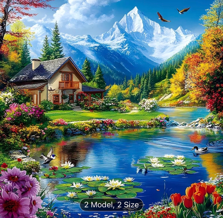 نقاشی الماسی با الماس مربع طرح کلبه کنار دریاچه سایز 40*40