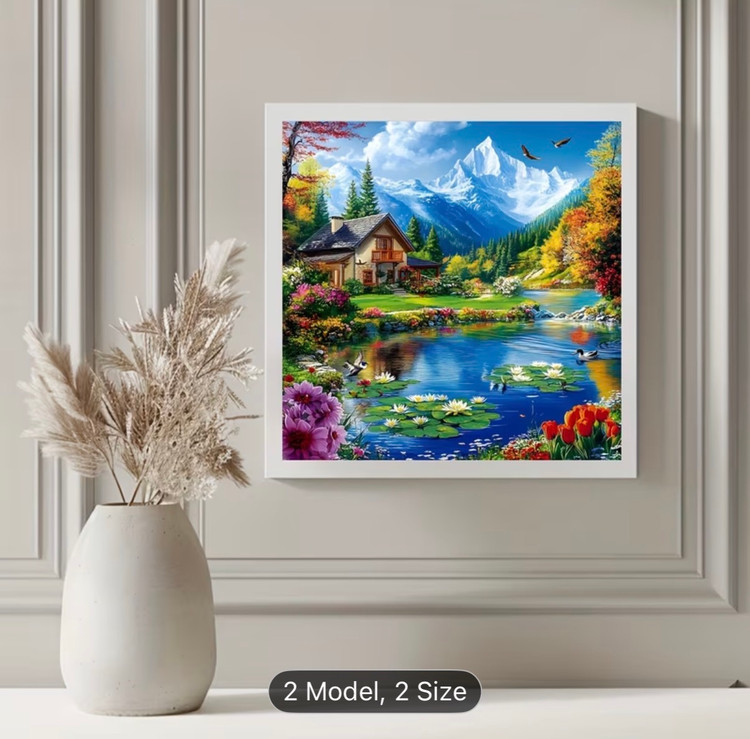 نقاشی الماسی با الماس مربع طرح کلبه کنار دریاچه سایز 40*40
