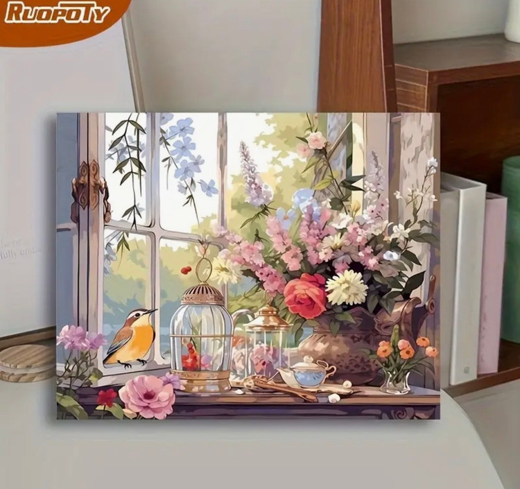 نقاشی با اعداد طرح صبحی آرام کنار پنجره سایز 50*40