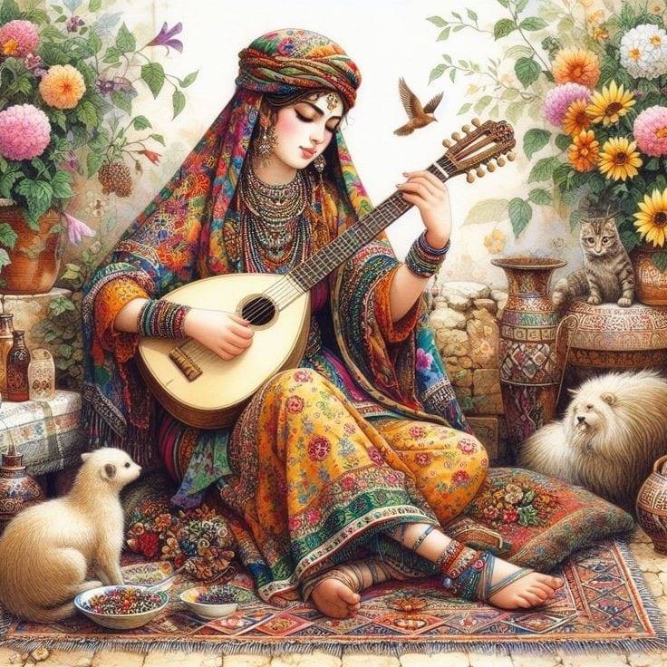 نقاشی الماسی با الماس مربع طرح دختر نوازنده سایز 50*50