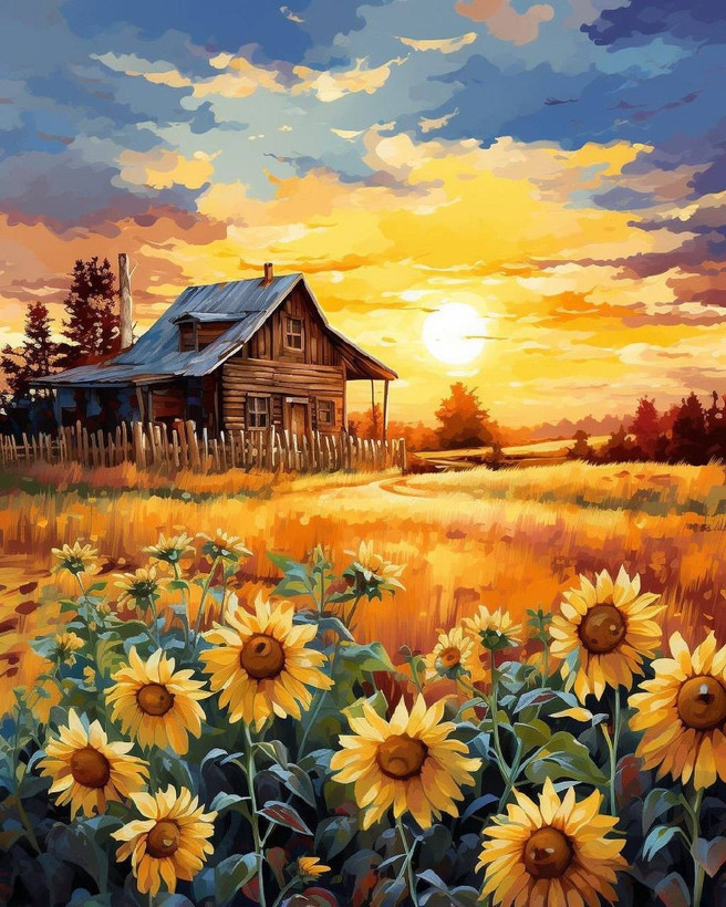 نقاشی الماسی با الماس مربع طرح مزرعه افتابگردون سایز 50*40