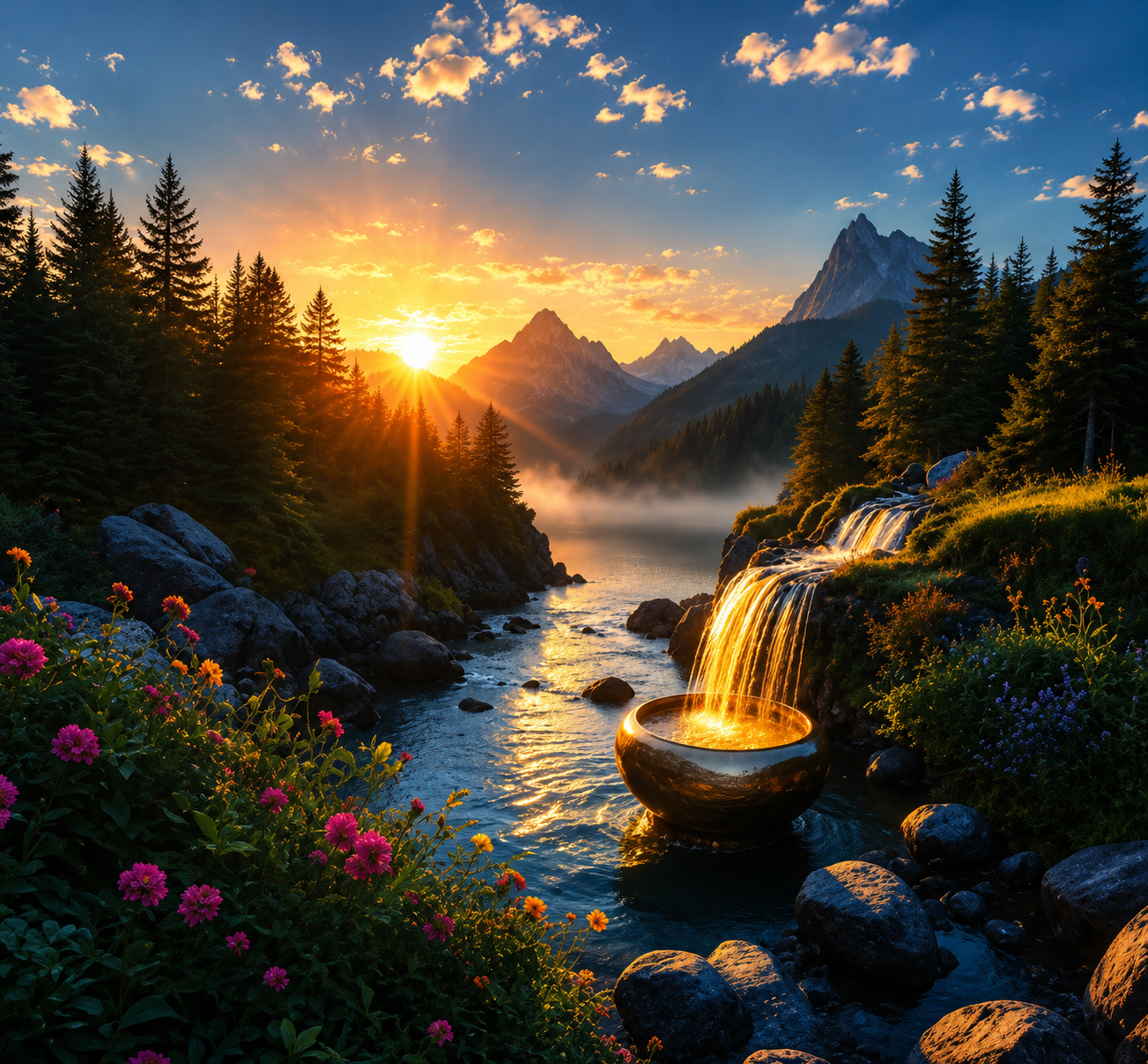 نقاشی الماسی طرح غروب کوهستان و آبشار طلایی سایز ۵۰*۴۰