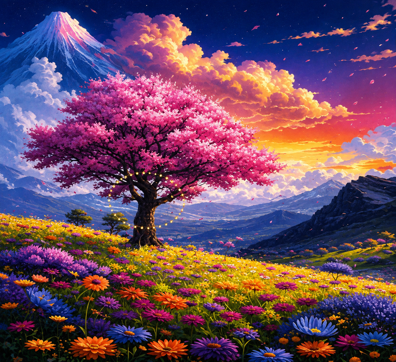 نقاشی الماسی طرح درخت شکوفه صورتی فانتزی سایز ۵۰*۴۰