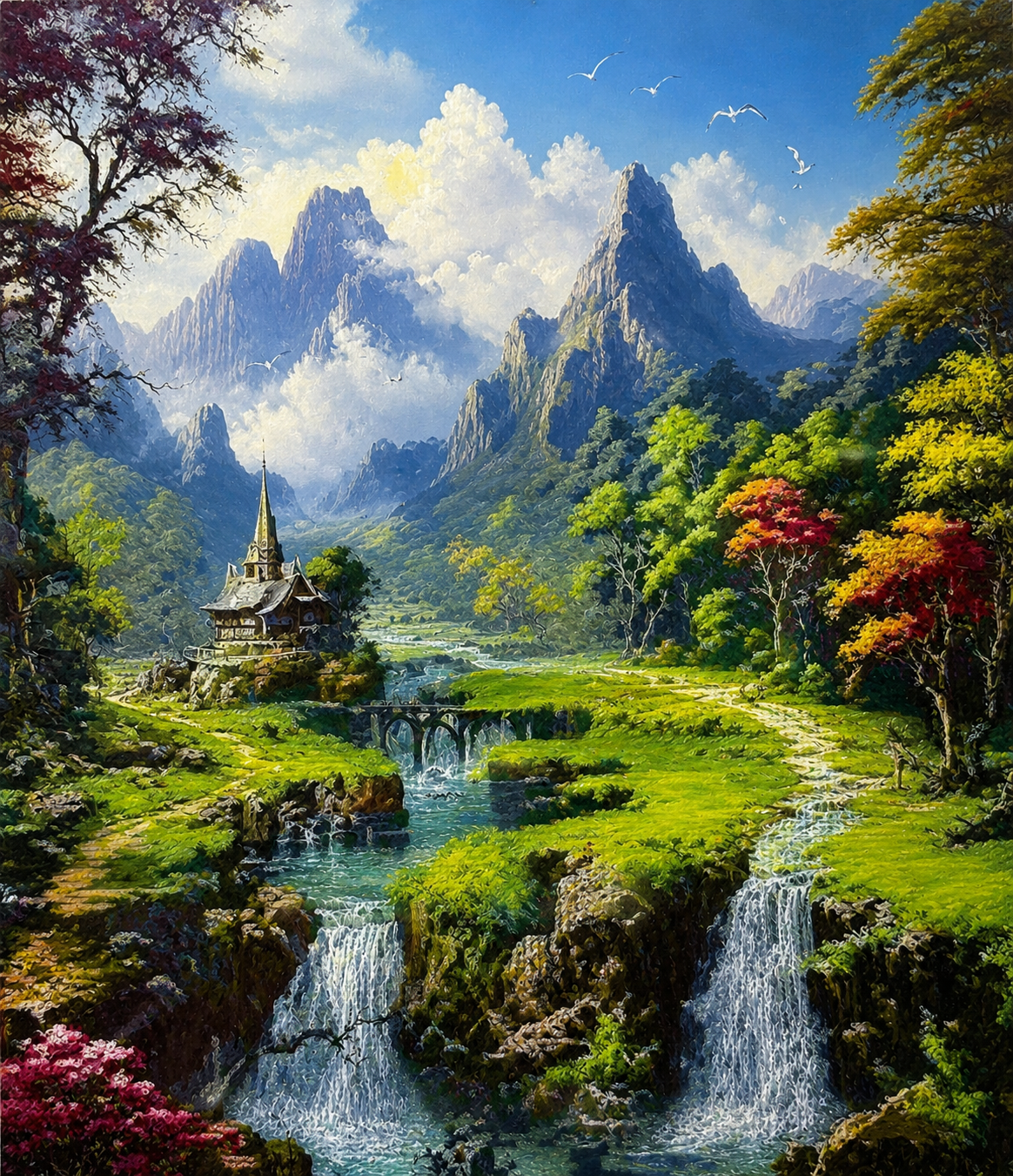 نقاشی الماسی روی بوم طرح آبشار جنگل  سایز 50*40
