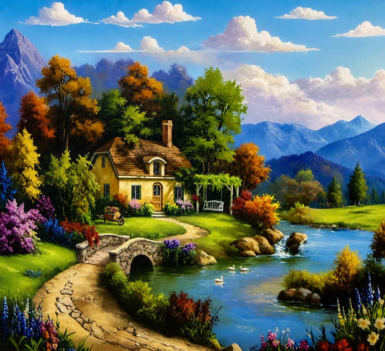 نقاشی الماسی طرح خانه روستایی کنار دریاچه سایز ۵۰*65