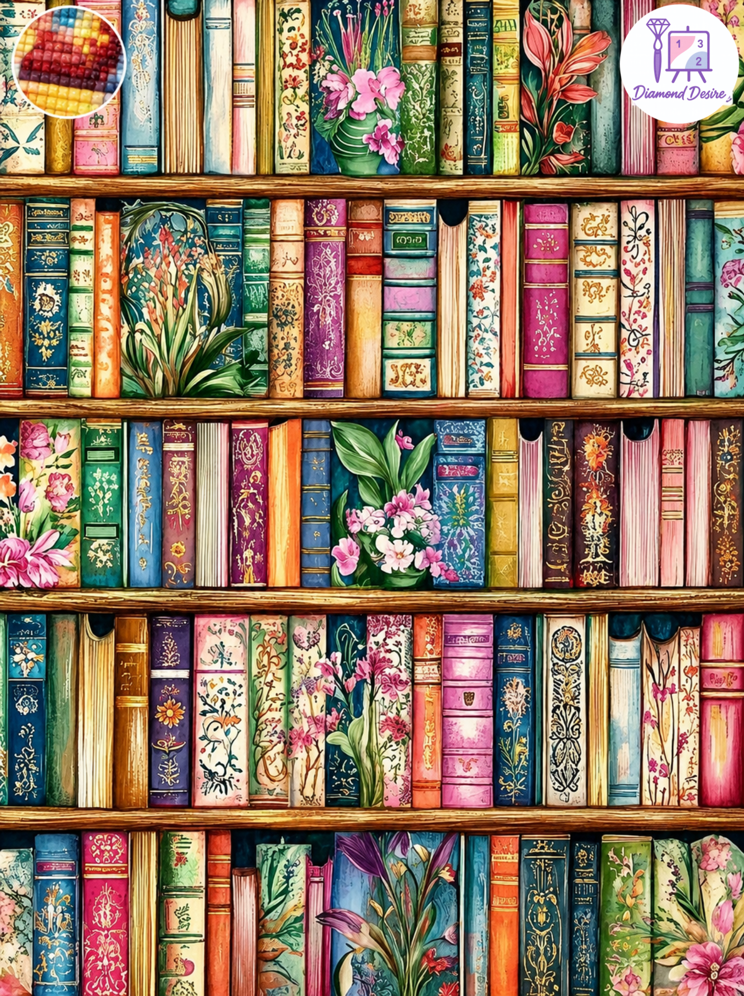 نقاشی الماسی طرح کتابخانه گلدار سایز 40*40
