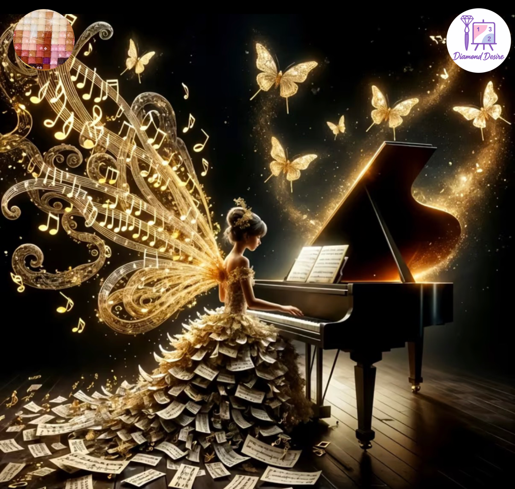 نقاشی الماسی طرح بانوی موسیقی سایز ۴۰٭۴۰